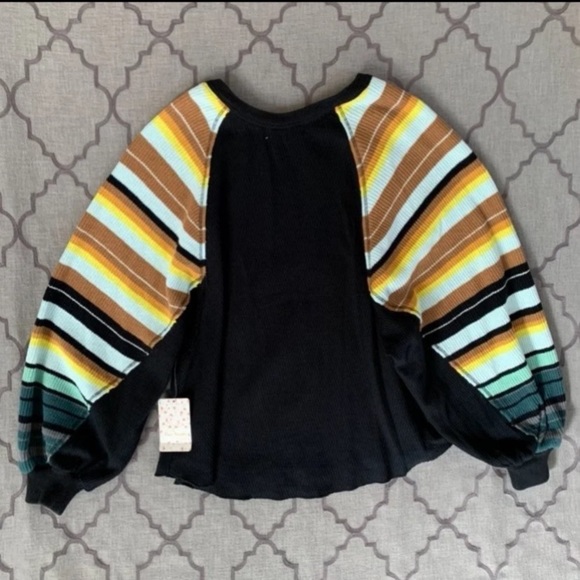 🌈NWT🌈 FP Black Rainbow Stripe Balloon Sleeve Top - Picture 2 of 15